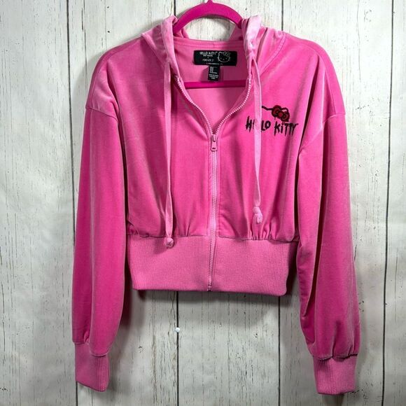 Hello Kitty x Forever 21 Pink Velour Cropped Zip Hoodie Y2K Streetwear Cozy - Picture 1 of 16